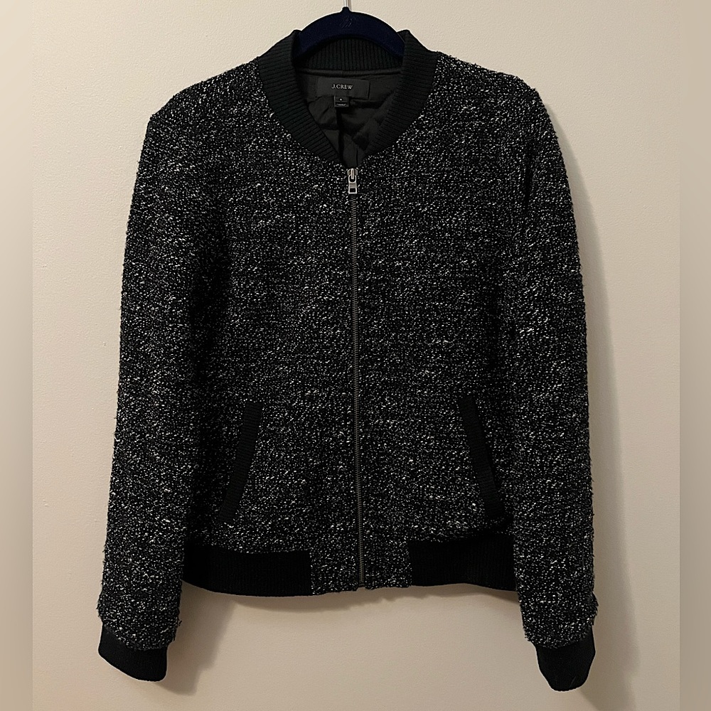 Black and White J Crew Tweed Bomber Jacket